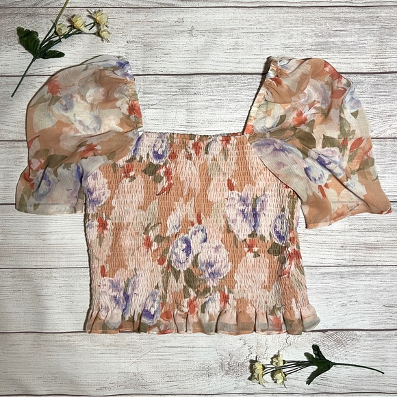 EXPRESS Floral Puff Sleeve Smocked Top - Picture 8 of 16